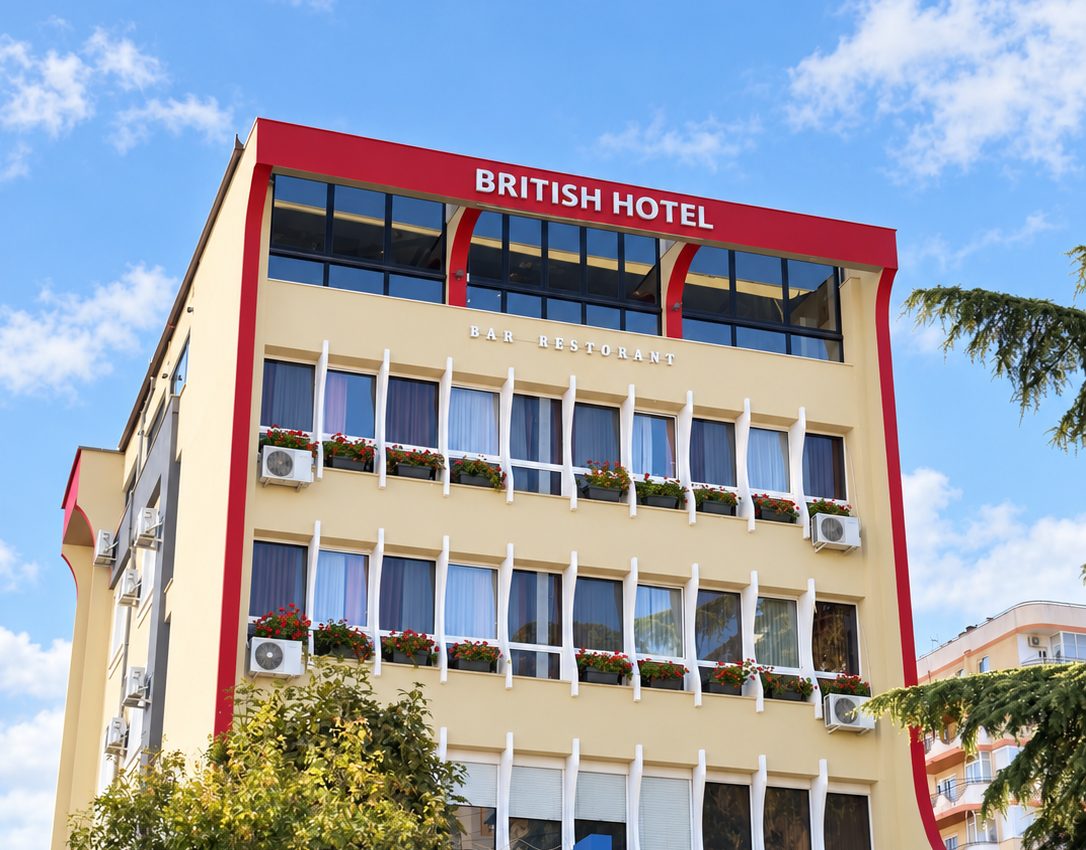 The British Hotel building with flower boxes on every balcony